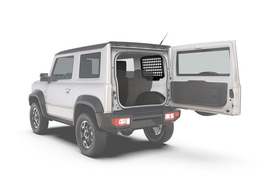 Alt text: "2018-current Suzuki Jimny 3 Door with Front Runner rear window molle panel accessory attached, tailgate open, on a clear background."