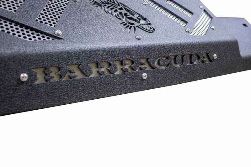 Load image into Gallery viewer, Alt text: &quot;Close-up of a Fishbone Offroad Barracuda Modular Bumper for 2007-Current Jeep Wrangler JK, JKU, JL, JLU &amp; Gladiator JT, featuring textured black finish and cut-out &#39;BARRACUDA&#39; branding.&quot;
