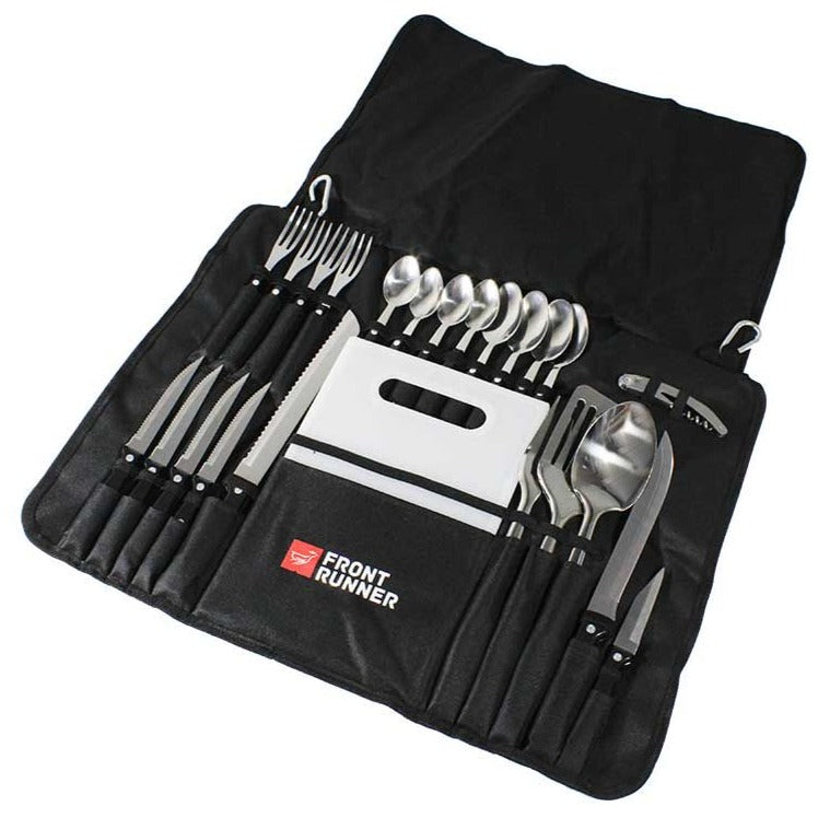 Load image into Gallery viewer, Front Runner Camp Kitchen Utensil Set displayed open with various cooking tools such as knives, forks, spoons, and spatula, neatly organized in a portable black roll-up pouch.

