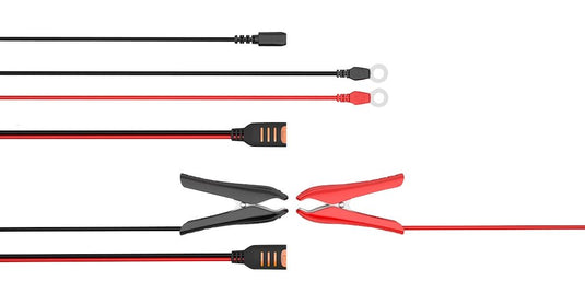 Front Runner MXS10 12V 10A battery charger cables with black and red clamps and connectors.