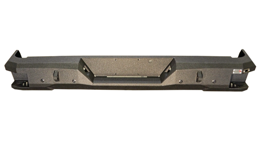 Alt text: "Fishbone Offroad rear step bumper designed for 2009-2014 Ford F-150 trucks, featuring durable construction with integrated steps and towing capabilities, isolated on a white background."