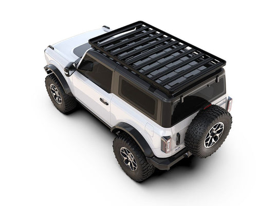 Alt text: inch2022 Ford Bronco 2-door with a black Front Runner Slimline II roof rack kit installed, showcasing vehicle compatibility and roof storage solution.inch