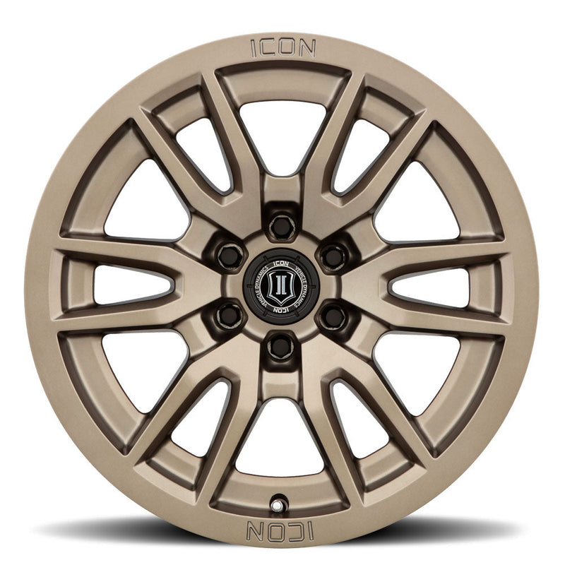 Load image into Gallery viewer, ICON Vehicle Dynamics Vector 6 wheel in bronze, featuring a modern multi-spoke design and the ICON logo at the center.
