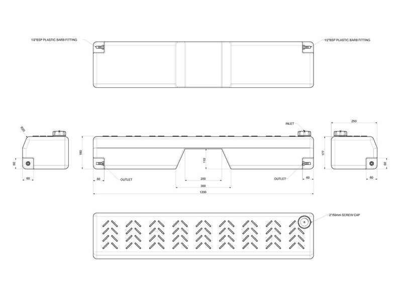 Load image into Gallery viewer, Technical blueprint of Front Runner Footwell Water Tank with dimensions and fittings.
