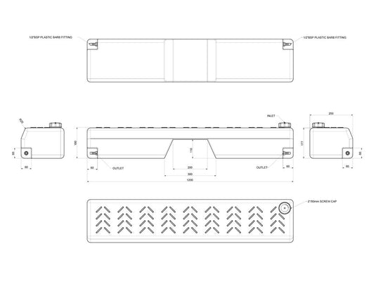 Technical blueprint of Front Runner Footwell Water Tank with dimensions and fittings.