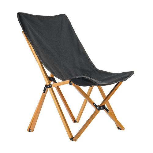 Alt text: inchOverland Vehicle Systems Kick It Camp Chair with a sturdy wooden base and black canvas seat, including a storage bag, isolated on a white background.inch