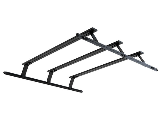 Front Runner Triple Load Bar Kit for Ram 1500 6.4' Quad Cab 2009-Current model, sturdy black cargo carrier bars isolated on white background.