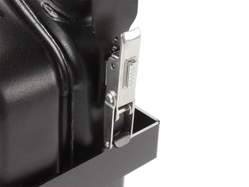 Load image into Gallery viewer, Close-up of the locking mechanism on a Front Runner Vertical Jerry Can Holder mounted to a black jerry can
