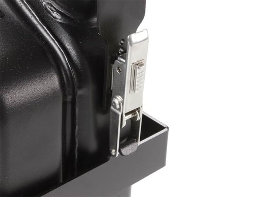 Close-up of the locking mechanism on a Front Runner Vertical Jerry Can Holder mounted to a black jerry can