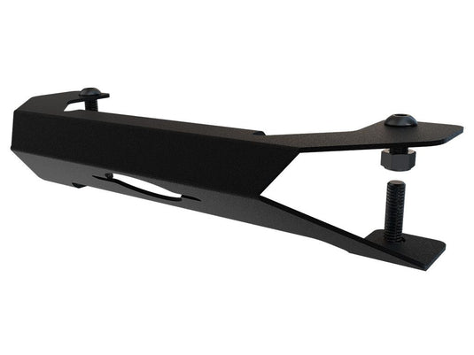 Alt text: "Front Runner Rack Handle Bracket in black powder-coated steel for vehicle roof rack systems, side angle view"