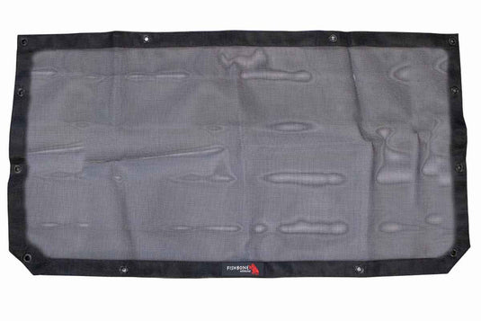 Alt text: "Fishbone Offroad front sun shade for Jeep Wrangler JL, JLU, and Gladiator JT models, featuring black mesh fabric with reinforced borders and installation grommets."