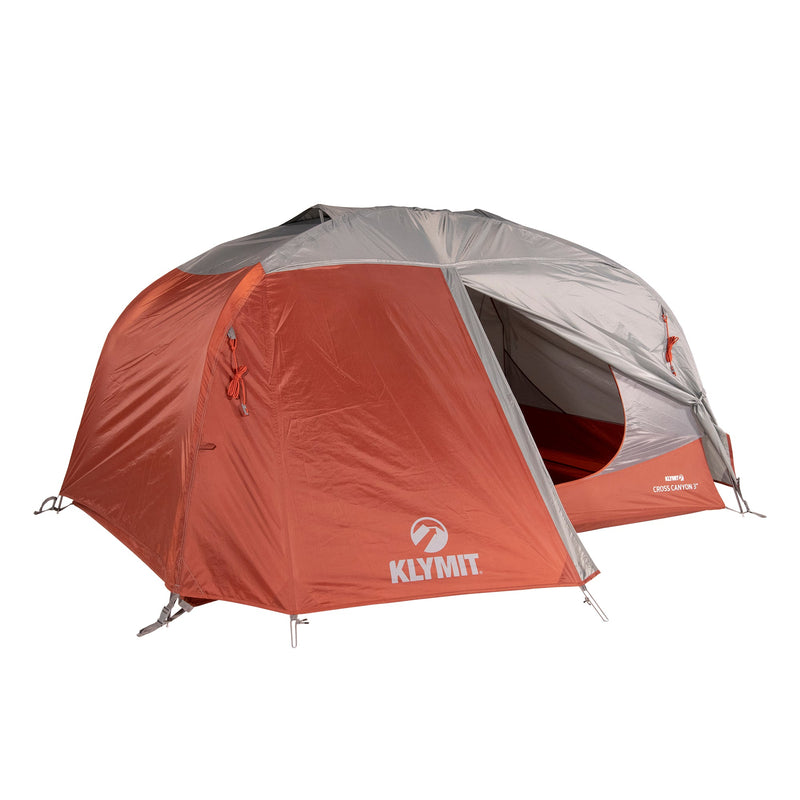 Load image into Gallery viewer, Klymit Cross Canyon Tent set up with red and gray color scheme
