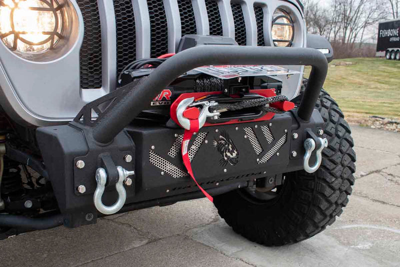 Load image into Gallery viewer, &quot;Fishbone Offroad Barracuda Modular Bumper on Jeep Wrangler with winch and D-ring shackles&quot;
