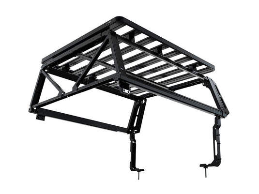 Alt text: "Front Runner Pro Bed Rack Kit designed for 3rd Gen Toyota Tundra 4 Door CrewMax 2022-Current model, showcasing a robust black steel frame."