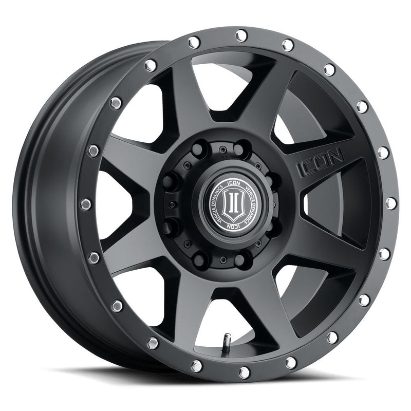 Load image into Gallery viewer, ICON Vehicle Dynamics Rebound wheel in Satin Black finish, featuring a six-spoke design with a branded center cap.
