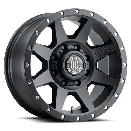 ICON Vehicle Dynamics Rebound wheel in Satin Black finish, featuring a six-spoke design with a branded center cap.