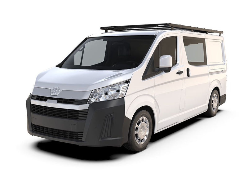 Load image into Gallery viewer, Toyota HiAce LWB 2019 with Front Runner Slimpro Van Rack Kit installed on roof, side view.
