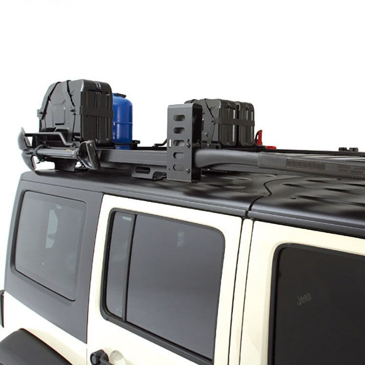 Load image into Gallery viewer, Front Runner Axe Bracket securely mounted on vehicle roof rack with storage boxes and fuel canister
