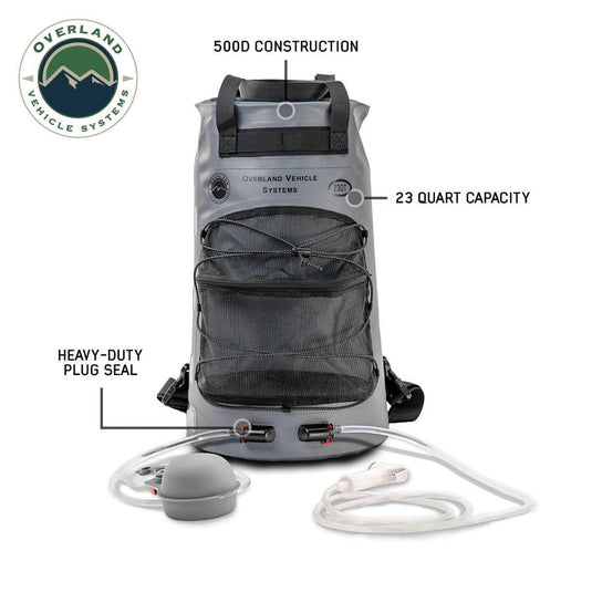 Alt text: "Overland Vehicle Systems portable camp shower, 23 QT capacity, with nozzle and accessories, featuring heavy-duty plug seal and 500D construction material, ideal for outdoor camping and overlanding."