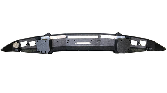 Fishbone Offroad Pike Front Bumper for 2019-2023 Ram truck model, durable black steel construction, featuring integrated winch mount and additional light accommodations.