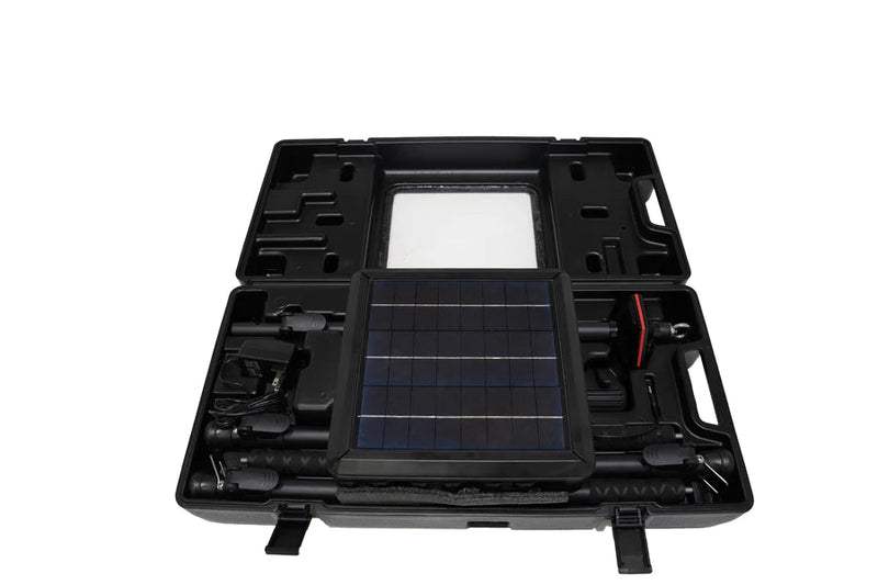 Load image into Gallery viewer, Freespirit Recreation ReadyLight High Beam with solar panel and accessories in open case on white background
