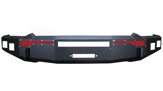 Alt text: inchFishbone Offroad 2019-2023 Ram Pike Front Bumper, black with red accents, durable construction for off-road vehicles.inch