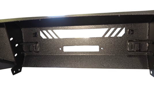 Alt text: "Fishbone Offroad 2009-2014 F-150 Pelican Front Bumper with textured black finish and integrated winch mount."