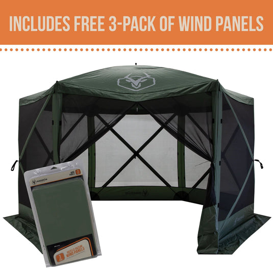 Gazelle Tents G6 6-Sided Portable Gazebo in green with wind panels, featuring the product logo and a package of three additional wind panels included.