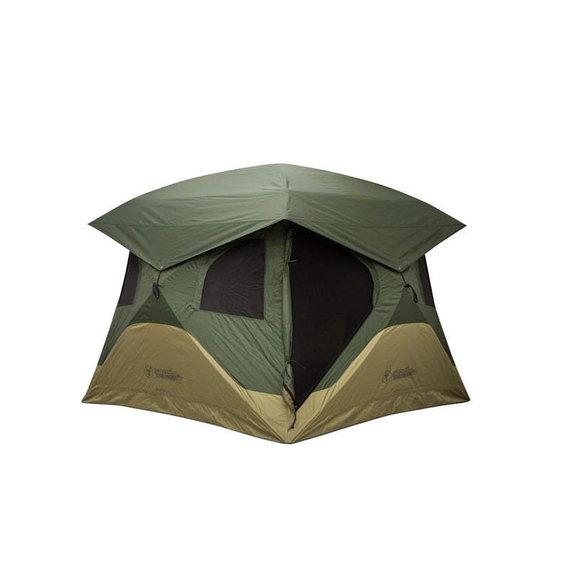 Load image into Gallery viewer, Gazelle Tents T4 Hub Tent Overland Edition set up, showcasing the spacious design and the durable, weather-resistant material in a two-tone green and tan color scheme.
