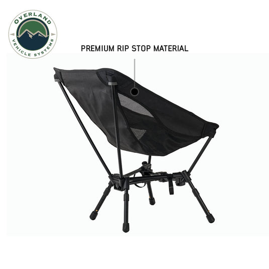 Alt text: "Overland Vehicle Systems compact camping chair with collapsible aluminum frame and premium ripstop material, designed for outdoor activities."