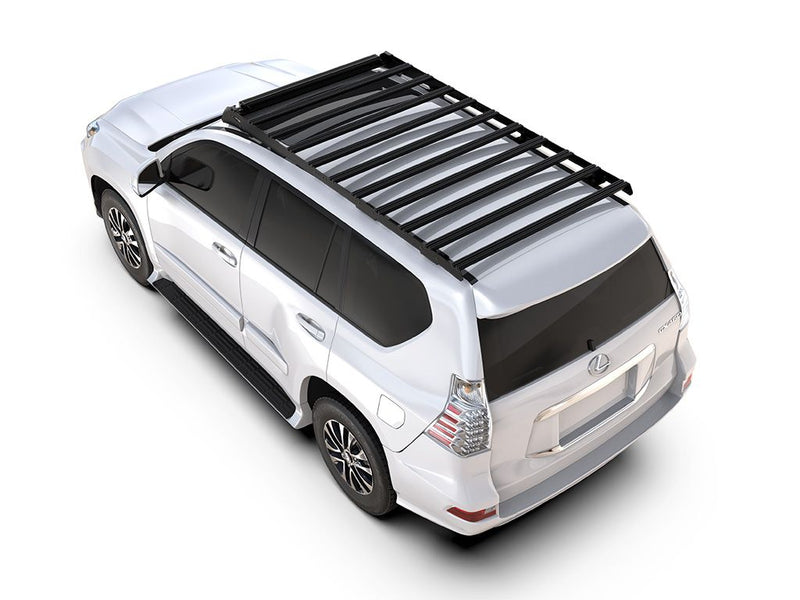Load image into Gallery viewer, Front Runner Lexus GX 460 equipped with Slimsport Roof Rack Kit ready for lightbar installation, view from top right rear angle, showcasing the sleek design and compatibility with 2010-current models.
