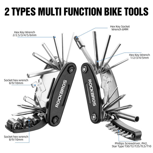 ROCKBROS Bike Foldable Repair Kit 16-in-1 Multi-Function Portable Allen Wrench and Tire Lever