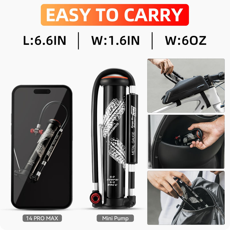 Load image into Gallery viewer, ROCKBROS Mini Portable Bike Pump with Hidden Gauge 220PSI
