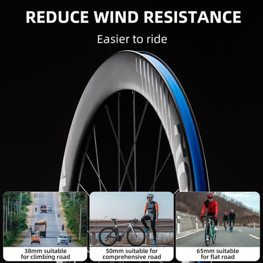 ROCKBROS 700c Carbon Fiber Disc Rim 38/50/65 mm  1.6-1.7 kg Clincher Wheelset