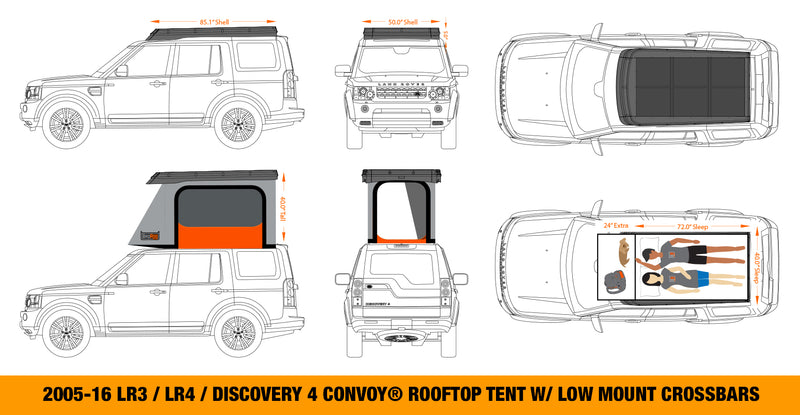 Load image into Gallery viewer, Badass Tents 2005-2016 Land Rover LR3/LR4/ Discovery 3/Discovery 4 CONVOY® Rooftop Tent w/ Low Mount Crossbars
