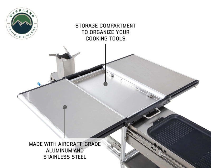 Load image into Gallery viewer, Overland Vehicle Systems Komodo Camp Kitchen - Dual Grill, Skillet, Folding Shelves, and Rocket Tower - Stainless Steel
