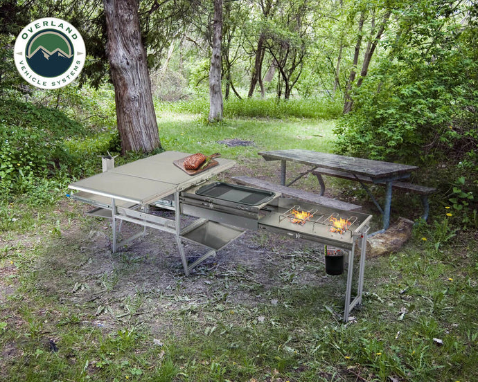 Overland Vehicle Systems Komodo Camp Kitchen - Dual Grill, Skillet, Folding Shelves, and Rocket Tower - Stainless Steel